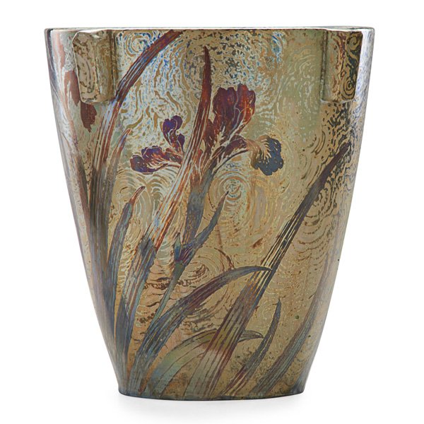 KELLER & GUERIN Tall buttressed vase: KELLER & GUERIN Tall buttressed stoneware vase, lustre glaze, Luneville, France, ca. 1900; Signed and stamped K & G Luneville 268; 13 1/4" x 11"