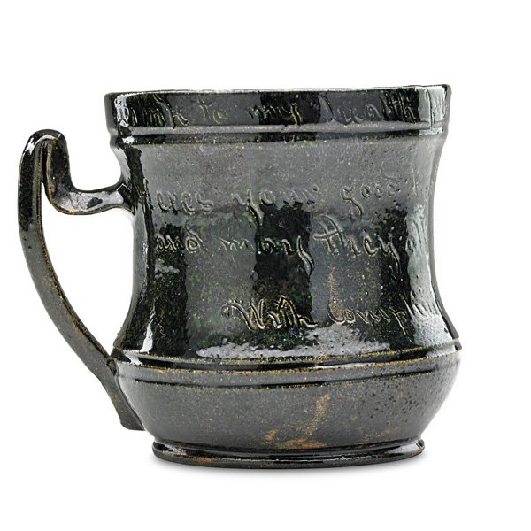 GEORGE OHR Jefferson mug: GEORGE OHR (1857 - 1918) Jefferson mug, dark teal glaze, Biloxi, MS, 1896; Incised "Drink to my health from this mug Here's your good health and your family's and may they all live long and prosper Wi