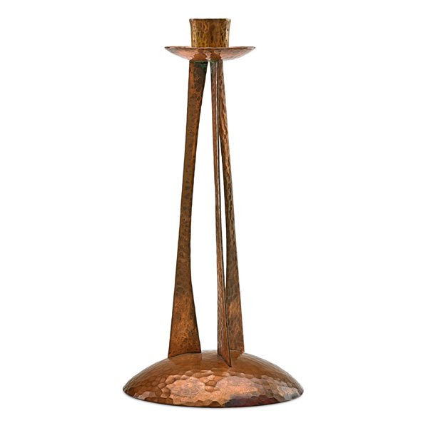 ROYCROFT Rare candlestick: ROYCROFT Rare hammered copper candlestick, East Aurora, NY, ca. 1916; Orb and cross mark; 9" x 4" Literature: The FRA, March 1916, p. xxiv-b