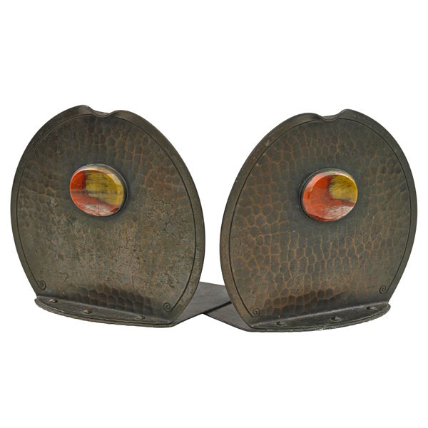 ROYCROFT Pair of rare bookends with agate inserts: ROYCROFT Pair of rare bookends, East Aurora, NY, 1920-28; Hammered copper, agate; Middle orb and cross mark; 4 1/2" x 5 1/2" x 4"