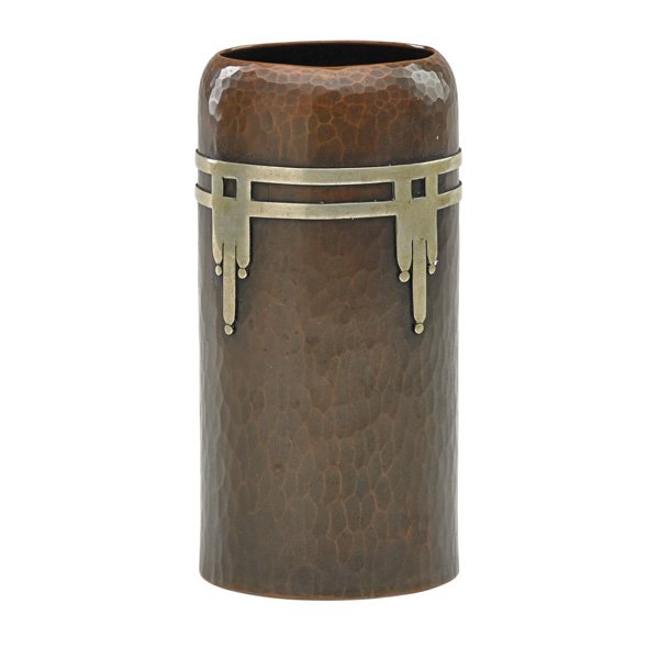 DARD HUNTER; ROYCROFT Hammered copper vase: DARD HUNTER ROYCROFT Hammered copper and silver vase, East Aurora, NY, 1909-20; Orb and cross mark; 6 1/4" x 3 1/4"