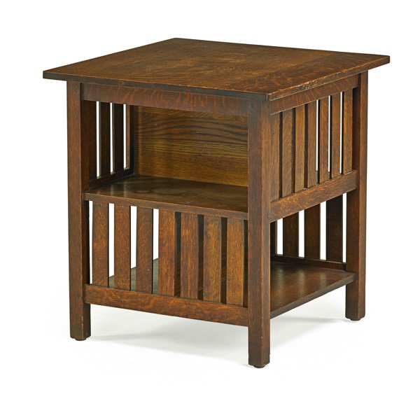L. & J.G. STICKLEY Book table: L. & J.G. STICKLEY Book table, Fayetteville, NY, ca. 1912; "The Work Of…" decal; 29" x 27" sq.