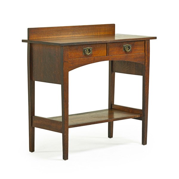 GUSTAV STICKLEY Server: GUSTAV STICKLEY Two-drawer server, Eastwood, NY, ca. 1906; Red decal and paper label; 39 1/2" x 42" x 18", 36" to top