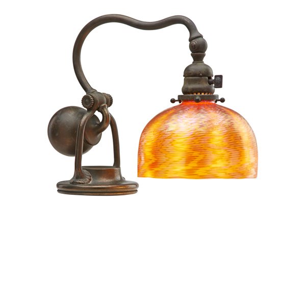 TIFFANY STUDIOS Desk lamp, Damascene shade: TIFFANY STUDIOS Counterbalance desk lamp with Damascene shade, New York, 1900s; Patinated bronze, Favrile glass, single socket; Base stamped TIFFANY STUDIOS NEW YORK 416; As shown: 12 1/2" x 12", shad