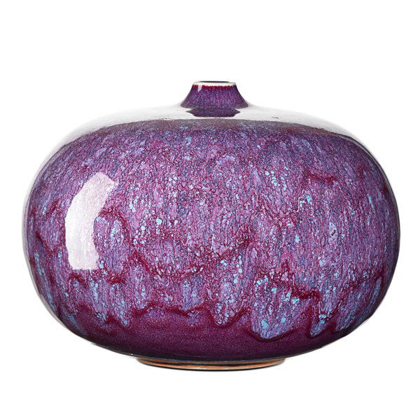 BROTHER THOMAS BEZANSON Squat vessel: BROTHER THOMAS BEZANSON (1929 - 2007) Squat porcelain vessel, "Chrysanthemum" glaze, Weston, VT; Signed Benedictine Monks, Weston, VT 2/1 3014/25, ichthys symbol; 7" x 9"