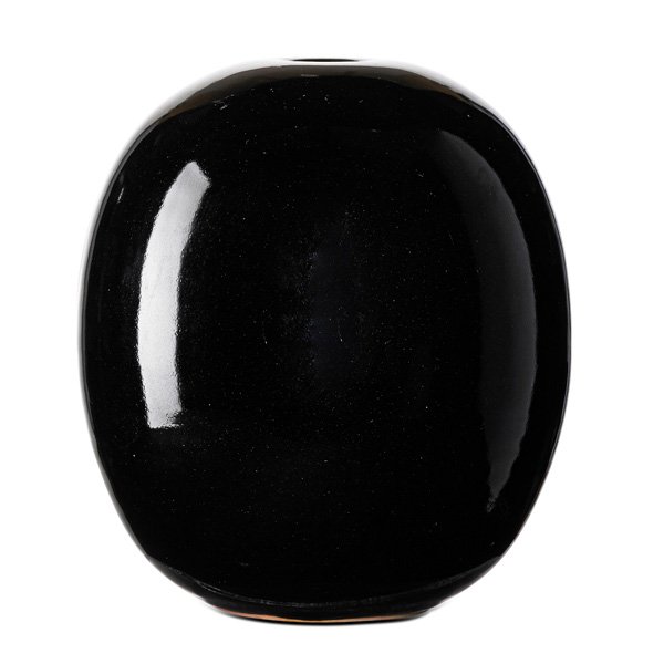 BROTHER THOMAS BEZANSON Ovoid porcelain vessel: BROTHER THOMAS BEZANSON (1929 - 2007) Ovoid porcelain vessel, Mirror Black glaze, Weston, VT; Signed Benedictine Monks, Weston Vermont 4/1, stamped 190.2, ichthys symbol; 7 1/2" x 6"
