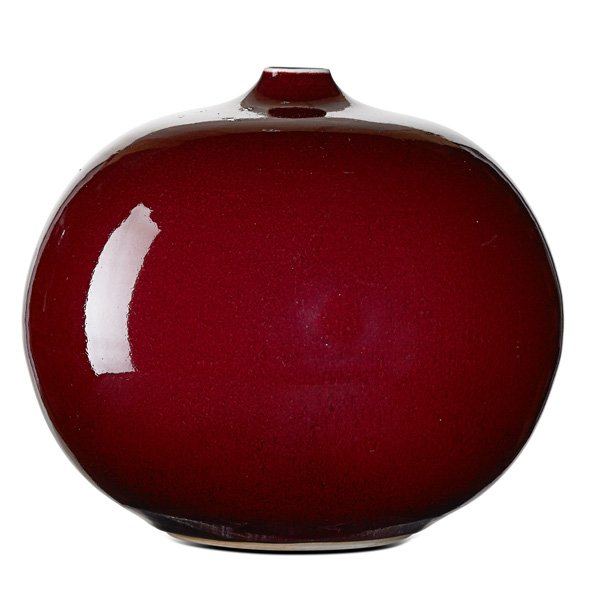 BROTHER THOMAS BEZANSON Squat vessel: BROTHER THOMAS BEZANSON (1929 - 2007) Squat porcelain vessel, Copper Red glaze, Weston, VT; Signed Benedictine Monks, Weston, VT MX 30/15/20/1; 8" x 9"