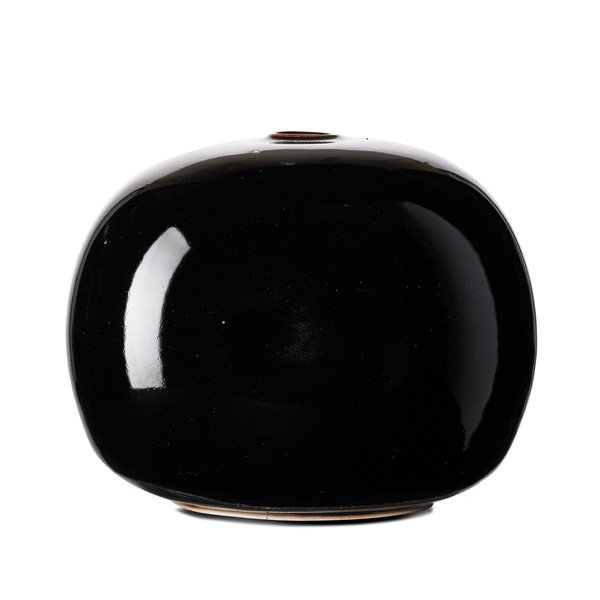 BROTHER THOMAS BEZANSON Spherical vase: BROTHER THOMAS BEZANSON (1929 - 2007) Spherical porcelain vase, Mirror Black glaze, Weston, VT; Signed Benedictine Monks Weston, VT 40/74, stamped A400, ichthys symbol; 6" x 6 3/4"