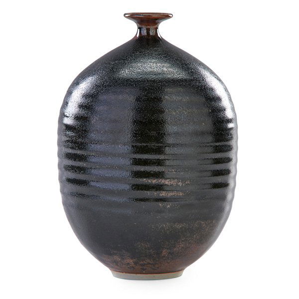 BROTHER THOMAS BEZANSON Ovoid porcelain vase: BROTHER THOMAS BEZANSON (1929 - 2007) Ribbed ovoid porcelain vase, Textured Tenmoku glaze, Weston, VT; Signed Benedictine Monks, Weston Vermont, illegible numbers, ichthys symbol; 8 3/4" x 5 3/4"