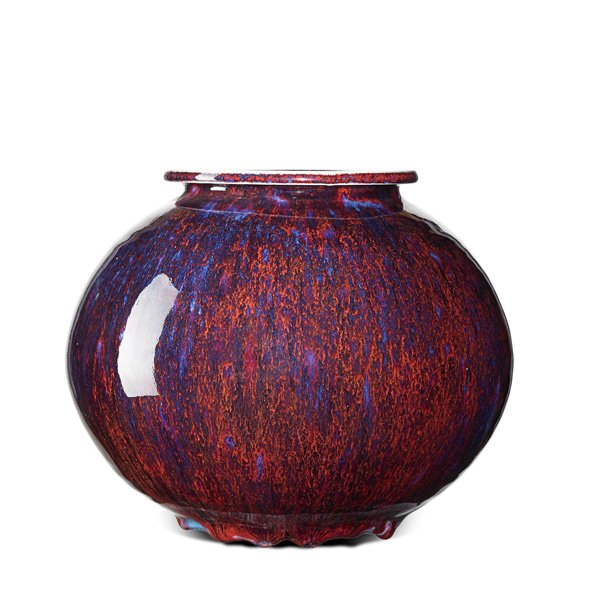 BROTHER THOMAS BEZANSON Porcelain vessel: BROTHER THOMAS BEZANSON (1929 - 2007) Large porcelain vessel, Copper Red and Blue glaze, Weston, VT; Signed Benedictine Monks, Weston Vermont, ichthys symbol; 7 3/4" x 9 1/4"