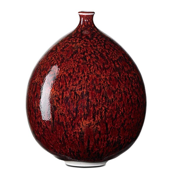 BROTHER THOMAS BEZANSON Porcelain teardrop vessel: BROTHER THOMAS BEZANSON (1929 - 2007) Teardrop-shaped porcelain vessel, "Ashes of Roses" glaze, Weston, VT; Signed Benedictine Monks, Weston, VT, illegible numbers, ichthys symbol; 6 1/2" x 4 3/4"