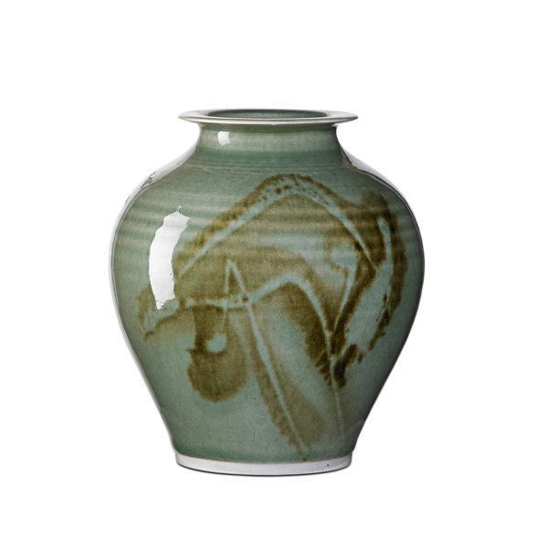 BROTHER THOMAS BEZANSON Porcelain vase: BROTHER THOMAS BEZANSON (1929 - 2007) Porcelain vase, Northern Celadon glaze, Weston, VT; Signed Benedictine Monks, Weston Vermont, ichthys symbol, 388/3/1, 170; 6 1/2" x 5 1/2"