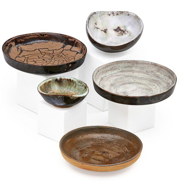 MARK KERAM Five vessels: MARK KERAM Five studio pottery vessels, 1950s/60s; Most signed; Largest: 7 1/2" dia. Note: Frank Lloyd Wright and Gilbert Rohde utilized the ceramic work of Mark Keram in their respective public exhib