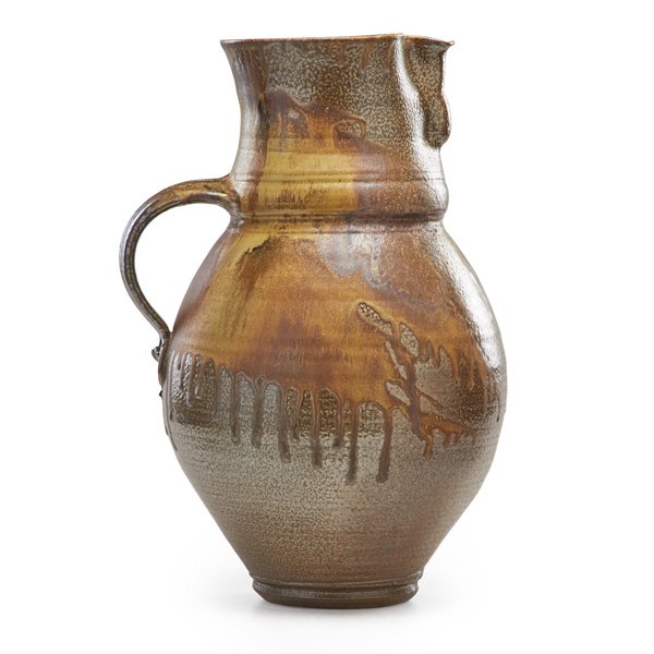 DON REITZ Large pitcher: DON REITZ (b. 1929) Large salt-glazed stoneware pitcher, shino glaze drips, Alfred, NY; Signed; 16 1/2" x 11 1/2"