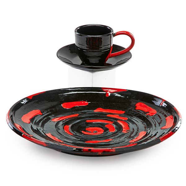 MARY HEILMANN Glazed ceramic set: MARY HEILMANN (b. 1940) Glazed ceramic charger, oversized cup, and saucer, New York, NY, 1983/4; Signed M42384, cup signed M 2-2-83, saucer signed M; Charger: 2 1/2" x 18 1/4"