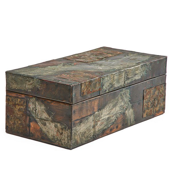 PAUL EVANS Patchwork box: PAUL EVANS (1931 - 1987) PAUL EVANS STUDIO Patchwork box, New Hope, PA, 1968; Patinated copper, bronze, pewter, and painted wood; Signed and dated, PE 68; 6" x 16" 8"