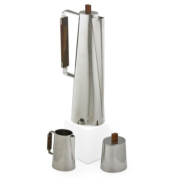 PAUL EVANS; RAYMOR Rare coffee set: PAUL EVANS (1931 - 1987) RAYMOR Rare coffee set, Denmark, 1950s; Coffee pot and sugar stamped PEWTER DENMARK RAYMOR 7183; Coffee pot: 13" x 5"