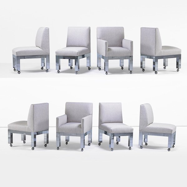 PAUL EVANS; DIRECTIONAL Eight chairs: PAUL EVANS (1931 - 1987) DIRECTIONAL Eight Cityscape dining chairs, two arm-, six side- (PE 241 and PE 240), USA, 1970s; Chromed steel, upholstery; Fabric labels, etched signature to one armchair; Arm