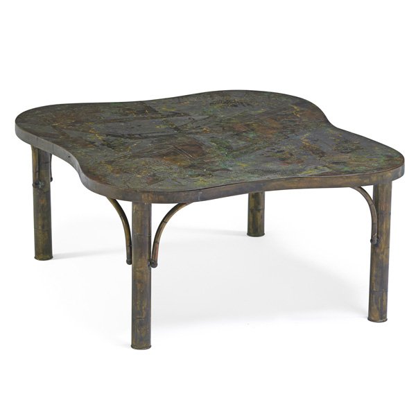 PHILIP AND KELVIN LaVERNE Chan coffee table: PHILIP LaVERNE (1908 - 1988) KELVIN LaVERNE (b. 1936) Chan coffee table, New York, 1960s; Etched, patinated, and polychromed bronze, pewter; Unmarked; 17" x 39" x 35"