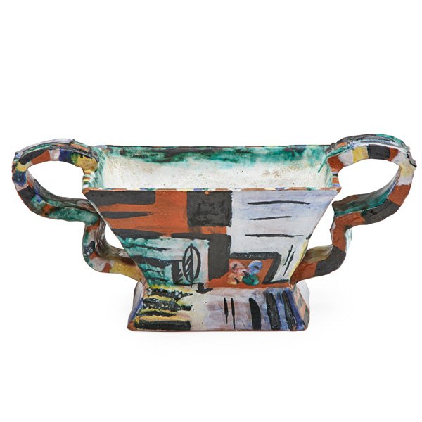 ERNA KOPRIVA; WIENER WERKSTATTE Jardiniere: ERNA KOPRIVA (1894 - 1984) WIENER WERKSTATTE Glazed earthenware jardiniere, Austria, 1927; Stamped WW MADE IN AUSTRIA 274 EK; 5 1/2" x 12 1/2" x 6 1/2" Literature: Expressive Keramik: Der Wiener Werks