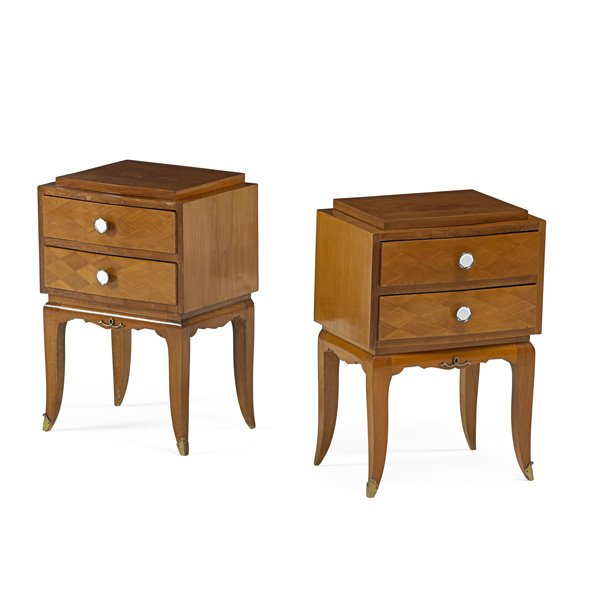 JEAN PASCAUD Pair of nightstands: JEAN PASCAUD (1903 - 1996) Pair of nightstands, France, 1940s; Sycamore, brass, glass; Branded and stamped; 25" x 17" x 13 1/2"
