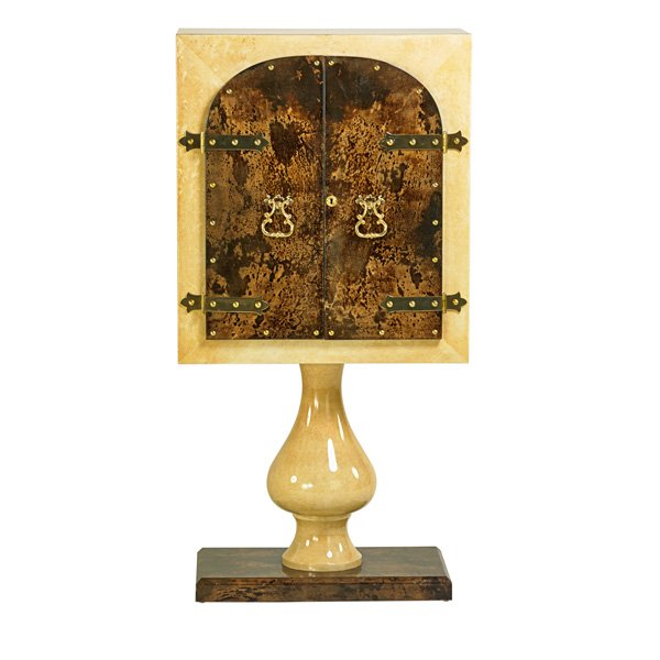 ALDO TURA Bar cabinet: ALDO TURA Illuminated bar cabinet, Italy, 1960s; Lacquered parchment, gilt brass, mirror, glass; Unmarked; 62" x 31 1/2" x 17"