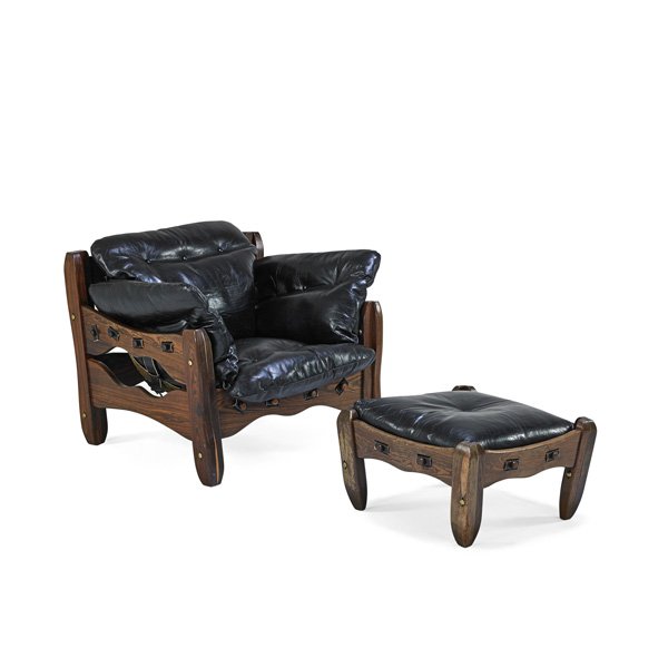 DON SHOEMAKER Rare Descanso chair and ottoman: DON SHOEMAKER SENAL Rare Descanso lounge chair and ottoman, Mexico, 1970s; Cocobolo wood, leather, brass; Manufacturer label; 30" x 38" x 36", 14" x 25" sq.