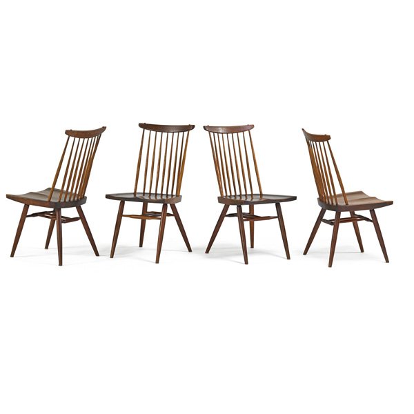 GEORGE NAKASHIMA Four New chairs: GEORGE NAKASHIMA (1905 - 1990) NAKASHIMA STUDIOS Four New chairs, New Hope, PA, 1962; Walnut, hickory; All signed with client name; 36" x 18 1/2" x 20" Provenance available: Copy of original invoice