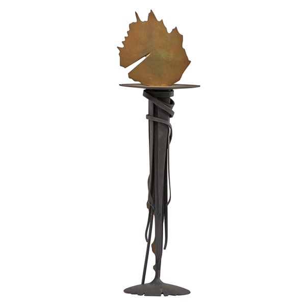 ALBERT PALEY "Sunset Candleholder": ALBERT PALEY (b. 1944) "Sunset Candleholder," Rochester, NY, 1993; Formed and fabricated steel, brass; Signed ALBERT PALEY 1993 26/50 HELPED ABT, with copyright mark; 22" x 6 1/4" Note: From a limited