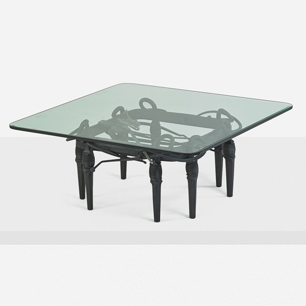 ALBERT PALEY Coffee table: ALBERT PALEY (b. 1944) Coffee table, Rochester, NY, 1998; Forged and fabricated steel, glass; Signed and dated; 19 1/2" x 48" sq.