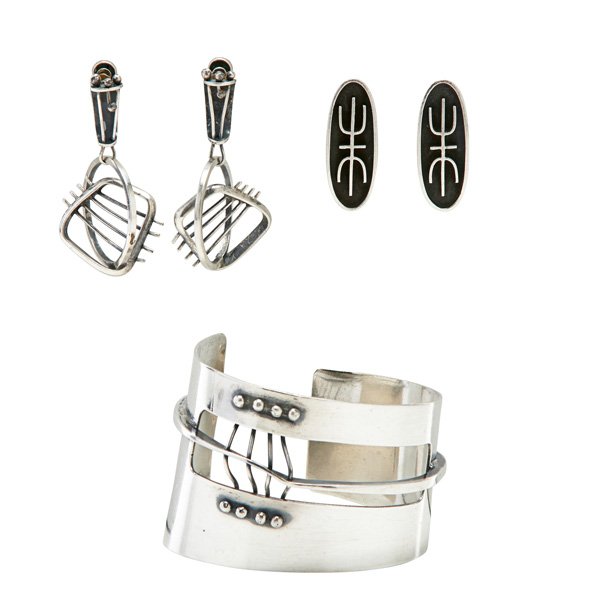 ED WIENER Bracelet and two pair earrings: ED WIENER Sterling silver cuff bracelet and two pairs of earrings, New York, 1950s; Smaller pair earrings stamped ED WIENER, larger pair stamped STERLING, bracelet stamped ED WIENER STERLING; Cuff: 2"