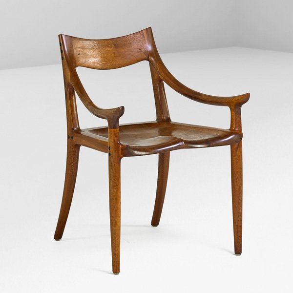 SAM MALOOF Armchair: SAM MALOOF (1916 - 2009) Sculpted walnut armchair, Alta Loma, CA. 1980; Signed, dated and numbered with dedication; 31" x 22 1/2" x 22 1/2"
