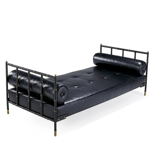 JACQUES ADNET Daybed: JACQUES ADNET (1901 - 1984) Daybed, France, 1950s; Brass, leather; Unmarked; 29" x 76" x 36"