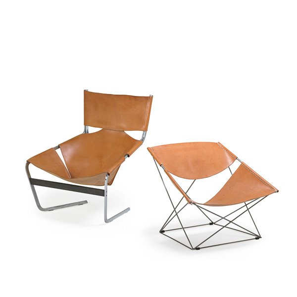 PIERRE PAULIN; ARTIFORT Two chairs: PIERRE PAULIN (1927 - 2009) ARTIFORT Lounge chair (no. 444) and Butterfly chair (no. 675), France/The Netherlands, 1960s; Stitched saddle leather, matte and chromed steel, enameled steel; Lounge chair