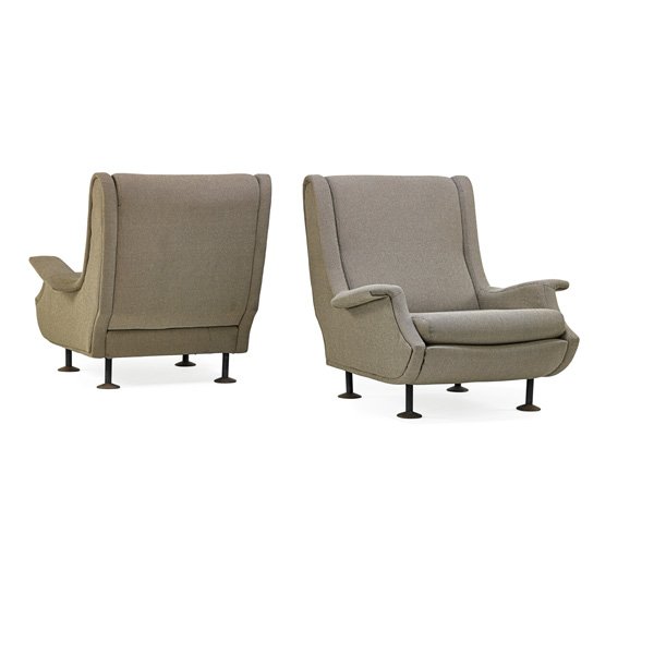 MARCO ZANUSO; ARFLEX Pair of Regent chairs: MARCO ZANUSO (1916 - 2001) ARFLEX Pair of Regent lounge chairs, Italy, 1960s; Enameled steel, walnut, wool; Manufacturer label to one; 32" x 32 1/2" x 35" Provenance: Wright, 3/29/12, lot 316