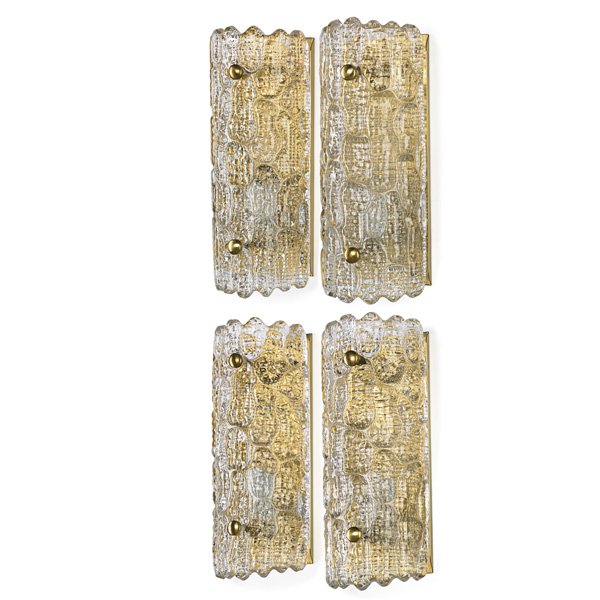 CARL FAGERLUND Four sconces: CARL FAGERLUND ORREFORS/LYFA Four sconces, Sweden, 1980s; Glass, brass, single sockets; Lyfa labels to brass on two, glass unmarked; 11" x 4 1/2" x 2 1/2"