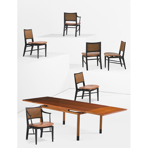 EDWARD WORMLEY; DUNBAR Dining table and six chairs: EDWARD WORMLEY (1907 - 1995) DUNBAR Extension dining table (no. 5290) and six chairs, two arm-, four side-, Berne, IN, 1940s; Table: walnut, bleached mahogany, leather, chairs: stained and lacquered m