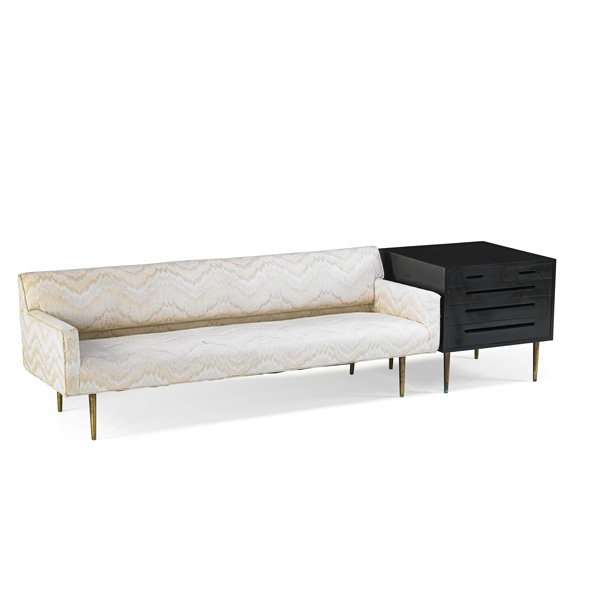 EDWARD WORMLEY; DUNBAR Sofa and cabinet: EDWARD WORMLEY (1907 - 1995) DUNBAR Sofa and cabinet, Berne, IN, 1940s; Lacquered wood, brass, upholstery; Green and black metal label to cabinet, sofa unmarked; Sofa: 30" x 84" x 32", cabinet: 29" x 