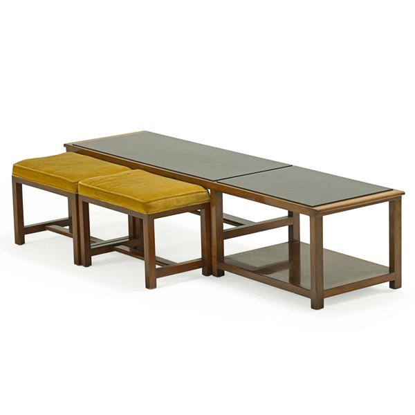 EDWARD WORMLEY; DUNBAR Coffee table, two benches: EDWARD WORMLEY (1907 - 1995) DUNBAR Coffee table and two tuckaway benches, Berne, IN, 1960s; Stained and lacquered walnut, upholstery; Brass D label; Table: 15 1/2" x 66" x 17", benches: 14 1/4" x 19