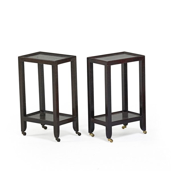 KARL SPRINGER Two telephone tables: KARL SPRINGER (1931 - 1991) KARL SPRINGER LTD Two telephone tables, New York, 1989; Snakeskin, brass; Leather label with date to one; 21 1/2" x 12 1/2" x 8 1/2"