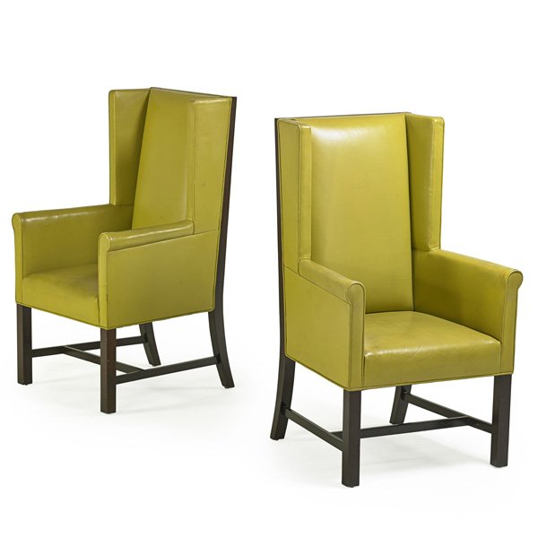 JOHN HUTTON; DONGHIA Pair of armchairs: JOHN HUTTON (1947 - 2006) DONGHIA Pair of tallback armchairs, USA, 1990s; Lacquered mahogany, leather; Unmarked; 46" x 27" x 26"
