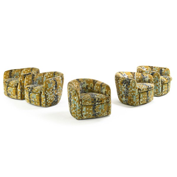 MILO BAUGHMAN; THAYER COGGIN Five lounge chairs: MILO BAUGHMAN (1923 - 2003) THAYER COGGIN Five lounge chairs, High Point, NC, 1970s; Jack Lenor Larsen upholstery, walnut; Manufacturer labels; 24" x 29" x 32"