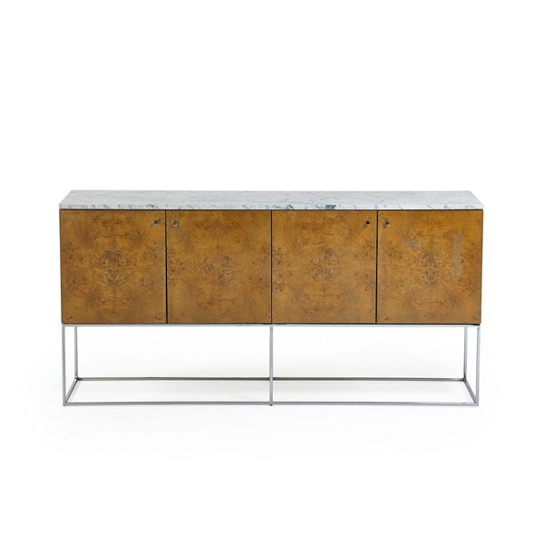 MILO BAUGHMAN; THAYER COGGIN Cabinet: MILO BAUGHMAN (1923 - 2003) THAYER COGGIN Cabinet, High Point, NC, 1970s; Olive burl, chromed steel, marble; Unmarked; 34 1/2" x 72" x 18 1/4"