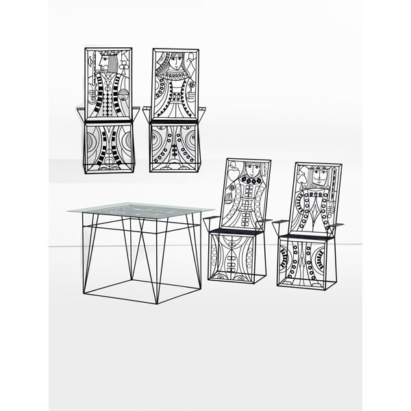 JOHN H. RISLEY Four chairs and table: JOHN H. RISLEY (1919 - 2002) Four chairs and table, Middletown, CT, 1970s; Enameled iron; Unmarked; Chairs: 45" x 24" x 21", table: 28 1/2" x 36" sq. Provenance: Family of the artist