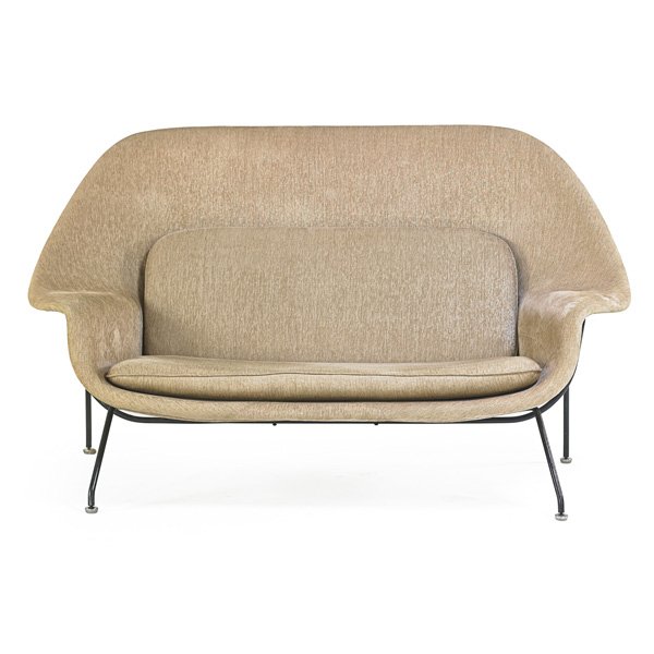 EERO SAARINEN; KNOLL Womb settee: EERO SAARINEN (1910 - 1961) KNOLL ASSOCIATES Womb settee, New York, 1960s; Enameled metal, chenille; Unmarked; 35 1/2" x 62" x 27 3/4"