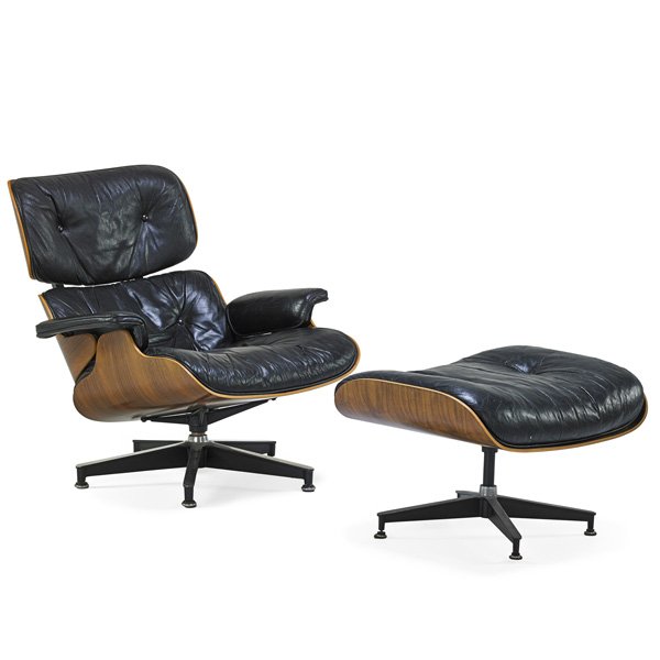 CHARLES AND RAY EAMES Lounge chair and ottoman: CHARLES EAMES (1907 - 1978) RAY EAMES (1912 - 1988) HERMAN MILLER Lounge chair and ottoman (no. 670 and 671), Zeeland, MI, 1980s; Rosewood, leather, enameled aluminum, enameled steel, rubber; Manufact