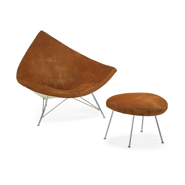 GEORGE NELSON; HERMAN MILLER Chair and ottoman: GEORGE NELSON (1908 - 1986) HERMAN MILLER Coconut chair and ottoman, Zeeland, MI, 1950s; Enameled and chrome-plated steel, suede; Manufacturer label; 34" x 42" x 34", ottoman: 17" x 24" x 19"