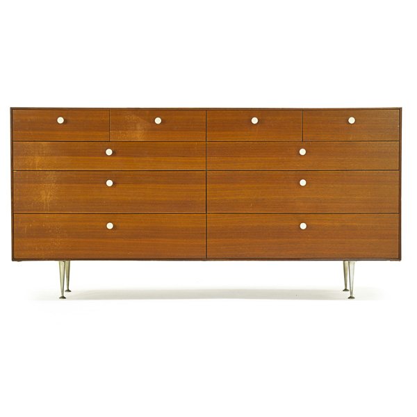 GEORGE NELSON Thin Edge cabinet: GEORGE NELSON (1908 - 1986) HERMAN MILLER Thin Edge cabinet (no. 5723), Zeeland, MI, 1950s; Walnut, aluminum, plastic; Foil label; 33 1/4" x 67" x 18 1/2"