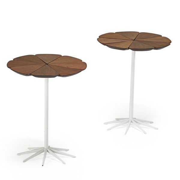 RICHARD SCHULTZ; KNOLL ASSOCIATES Pr. Petal tables: RICHARD SCHULTZ (b. 1926) KNOLL ASSOCIATES Pair of Petal tables, New York, 1950s; Redwood, plastic-coated and enameled metal; Manufacturer labels; 19" x 15 3/4" dia.