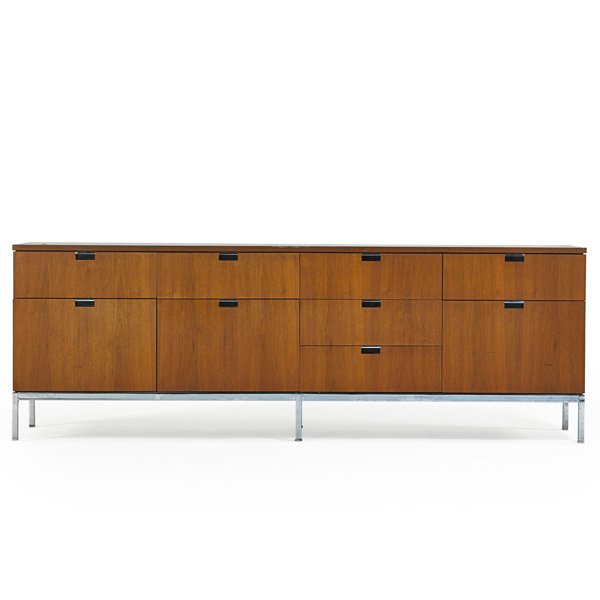 FLORENCE KNOLL Cabinet: FLORENCE KNOLL (b. 1917) KNOLL ASSOCIATES Cabinet, USA, 1960s; Walnut, chromed steel; Unmarked; 25 1/2" x 75" x 18"